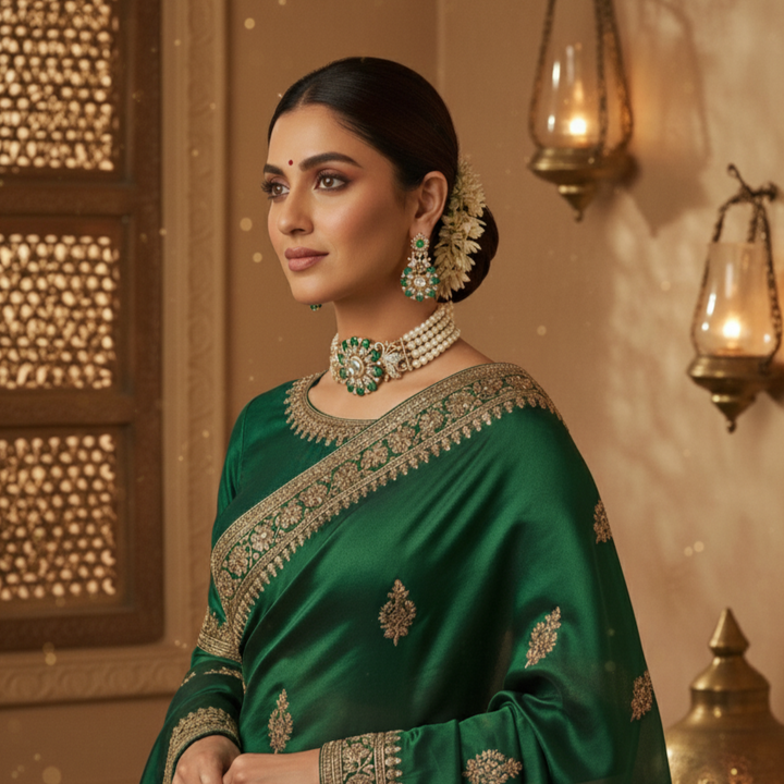 4 Layered Pearl Choker and Earrings with Emerald Stones and CZ's