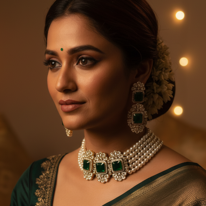 Gorgeous button pearl choker set with greenstone