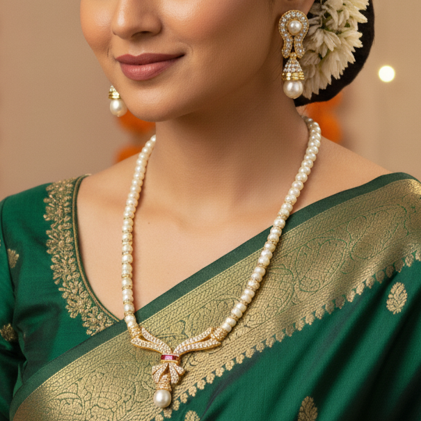 Elegant Button Pearl Single Line Necklace and Earrings Set