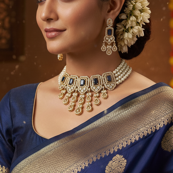 Pretty Pearl Choker and Hanging Earrings with Blue Stone