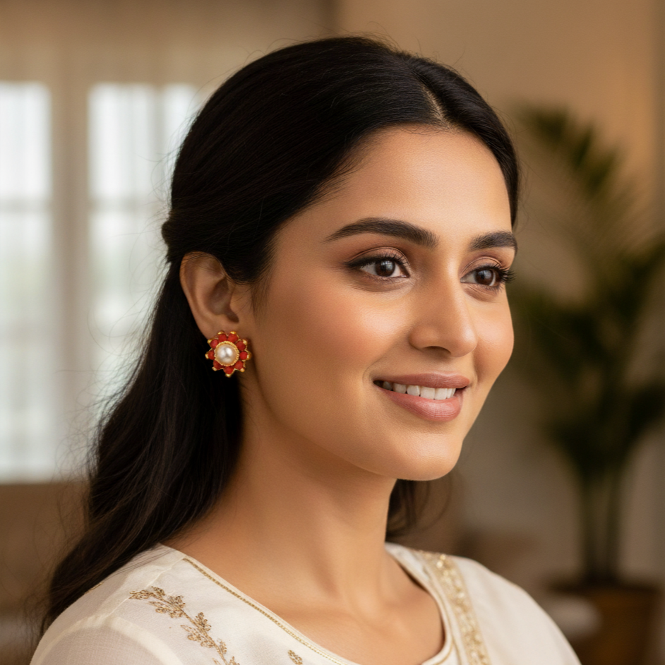 Coral & Pearl Floral Stud