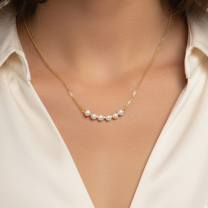 Luna Line Pearl Necklace (Freshwater Pearl Necklace with Gold Finish)