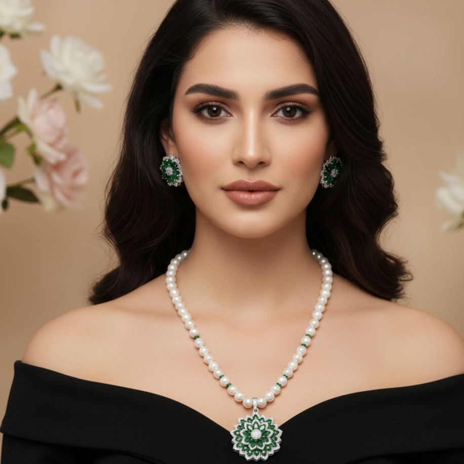 Beautiful Round Freshwater Pearl Necklace Set with Greenstone Pendant
