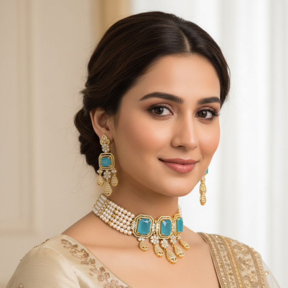 Beautiful Natural Pearl Choker Set with Bright Sky blue stones