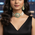 Beautiful Natural Pearl Choker Set with CZ and Green stones