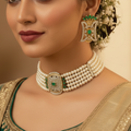 Exquisite Natural Pearl Choker Set with Emeralds and CZ Stones