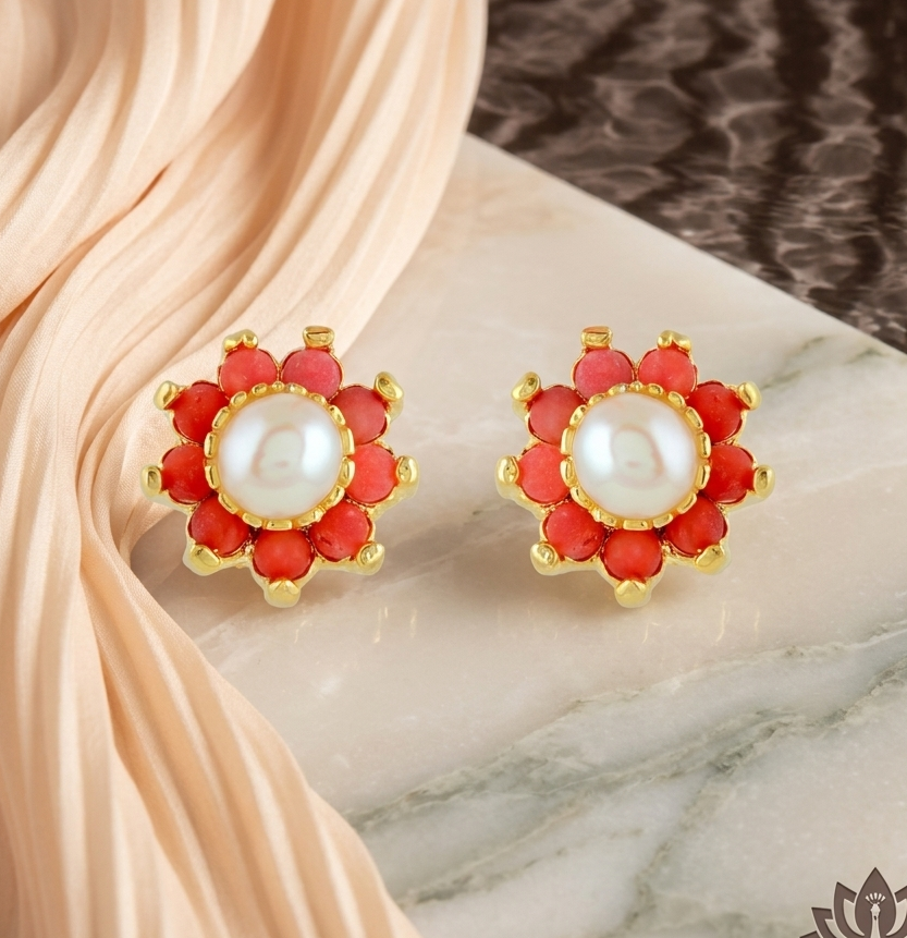 Coral Bloom Pearl Studs (Coral & Freshwater Pearl Stud Earrings)