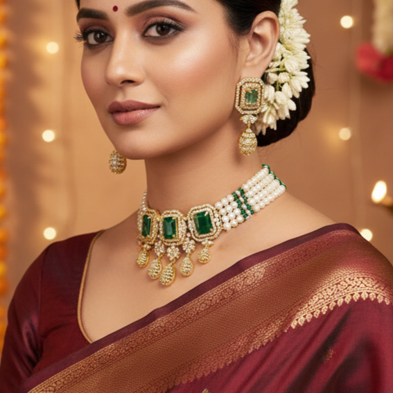 Elegant Natural Pearl Choker Necklace Set with Greenstones