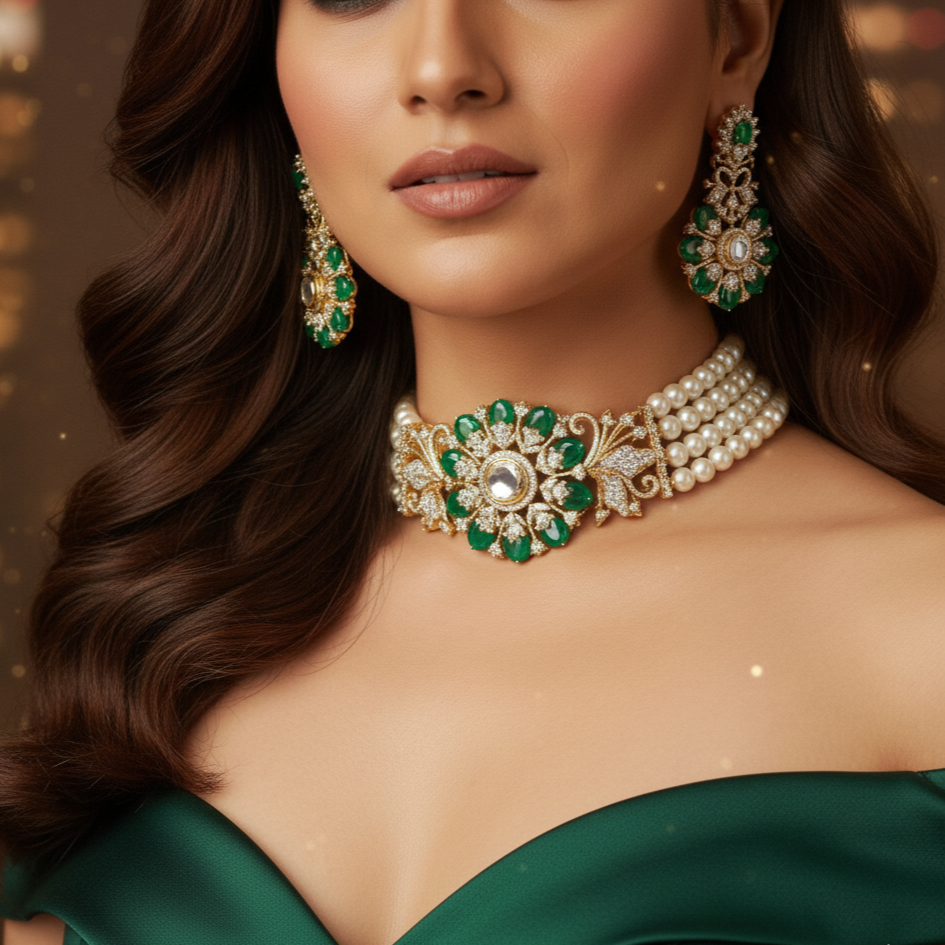 4 Layered Pearl Choker and Earrings with Emerald Stones and CZ's