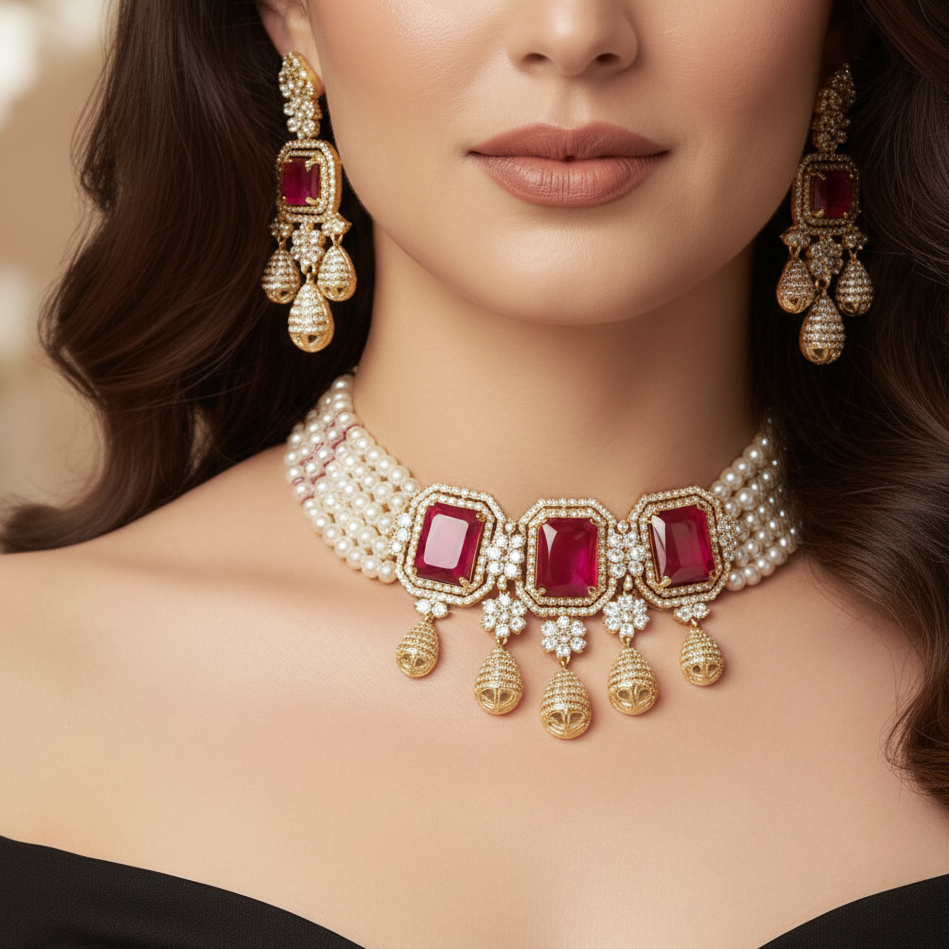Elegant 5-Layered Choker Pearl Necklace and Earrings with Red Stones