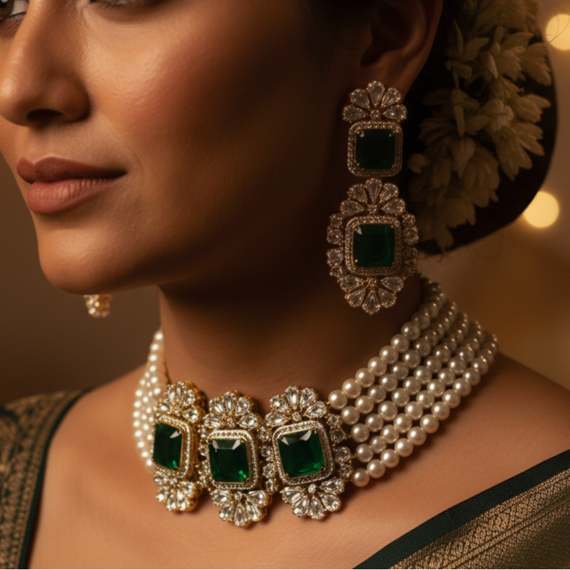 Gorgeous button pearl choker set with greenstone