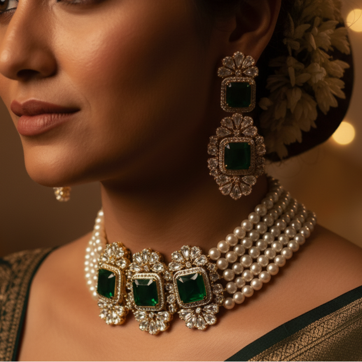 Gorgeous button pearl choker set with greenstone