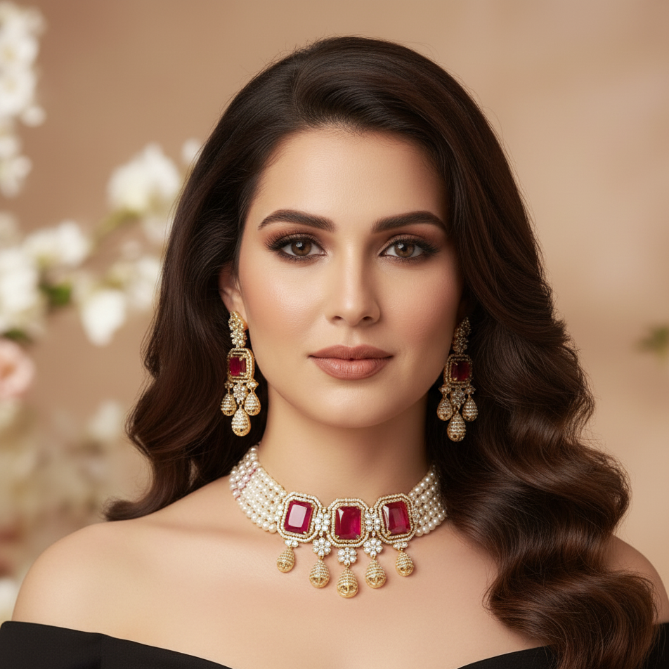 Elegant 5-Layered Choker Pearl Necklace and Earrings with Red Stones