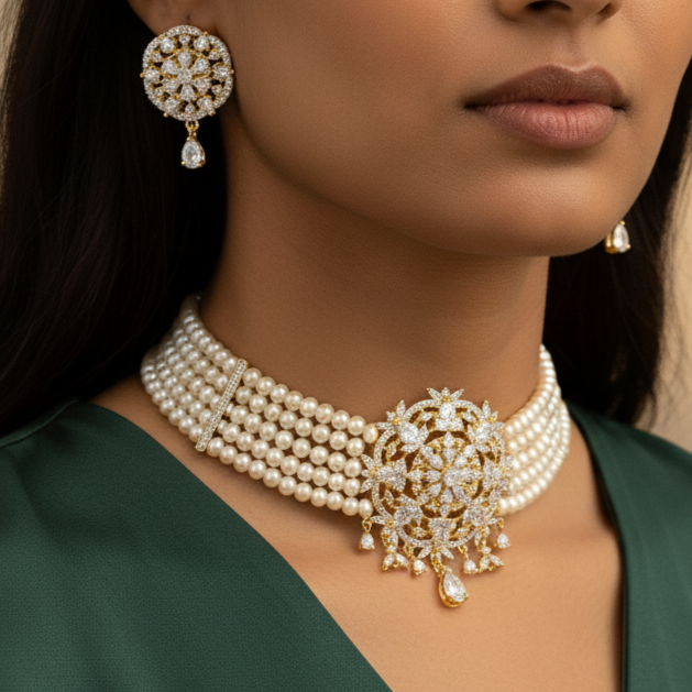 Stunning 5-Layered Button Pearl Choker and Earrings with White CZs