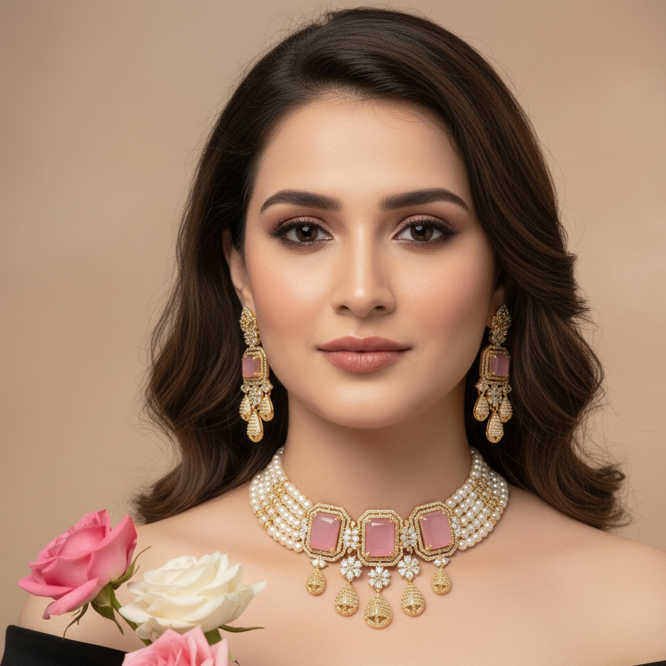 Elegant 5-Layered Pearl Choker Necklace Set with Pink Stones