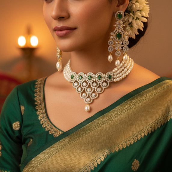 Beautiful Pearl and Greenstones Choker with Earrings