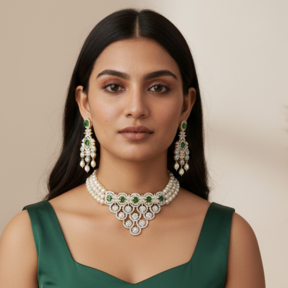 Beautiful Pearl and Greenstones Choker with Earrings