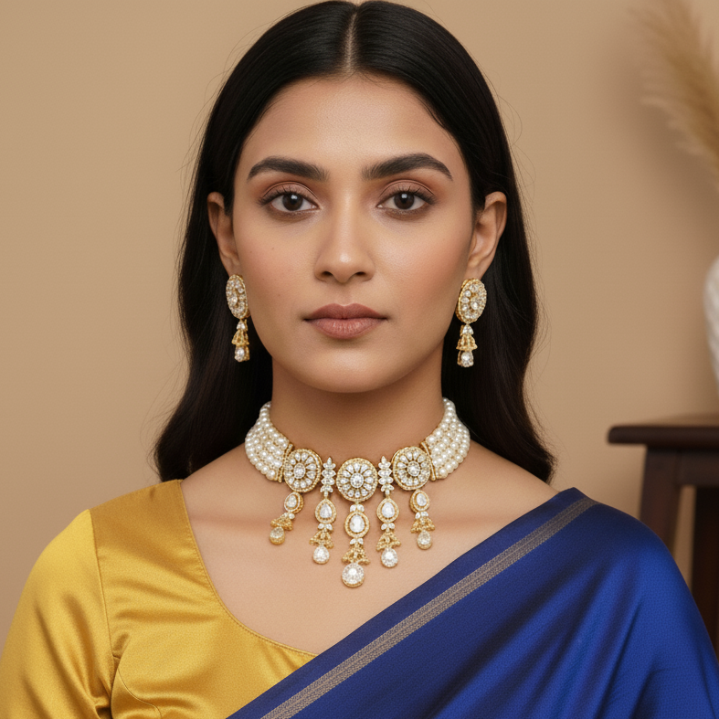 Three Line Button Pearl Choker Necklace Set with white cz stones