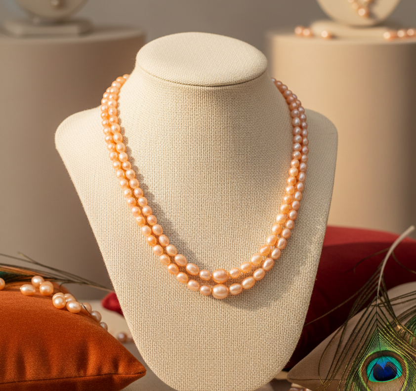 Traditional Graded Oval Peach and Pink Pearl Necklace