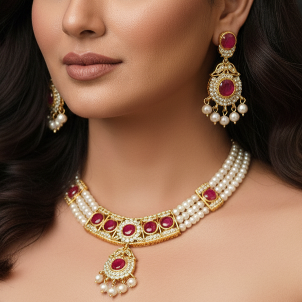 Elegant 3-Layered Necklace Set Adorned with Red Stones