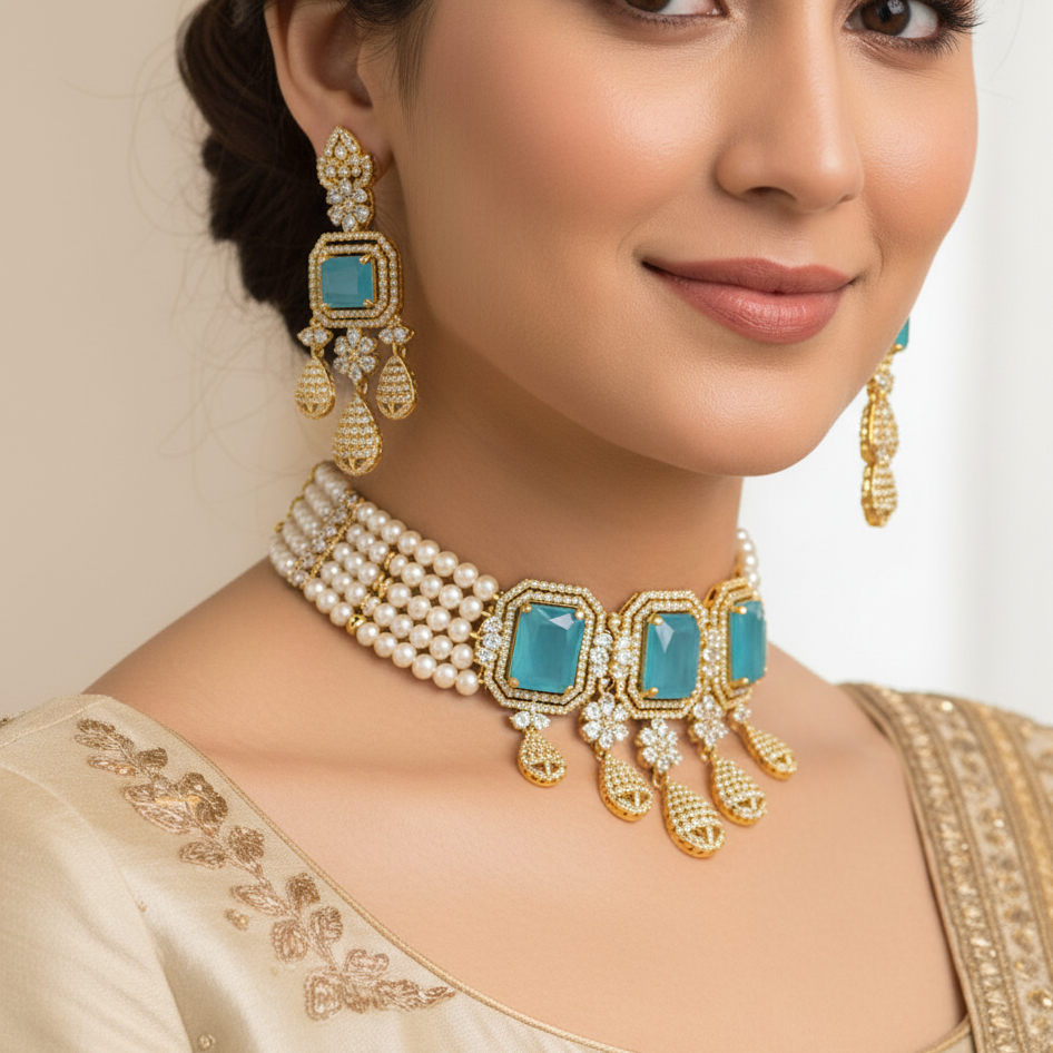 Beautiful Natural Pearl Choker Set with Bright Sky blue stones