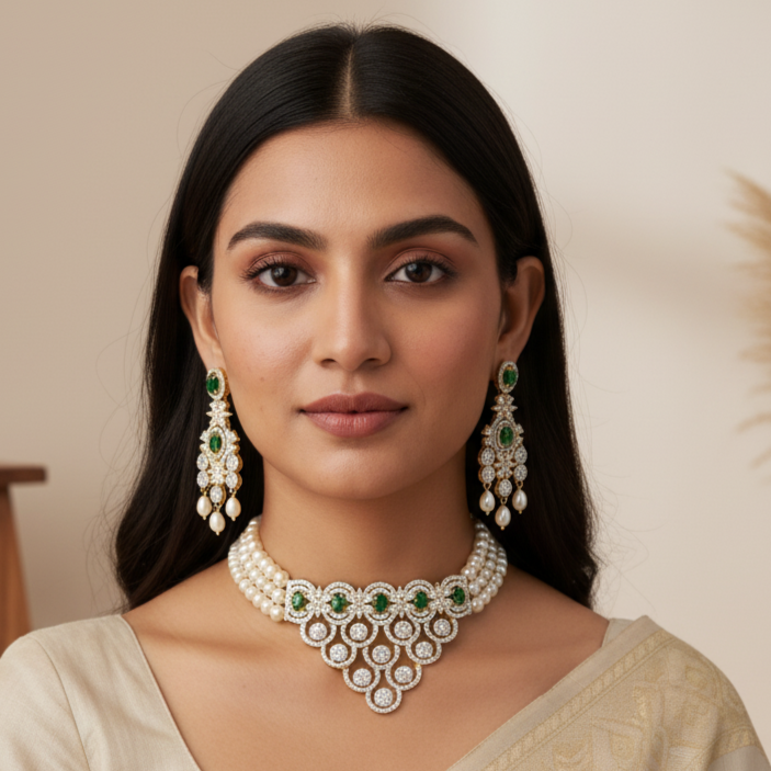 Beautiful Pearl and Greenstones Choker with Earrings