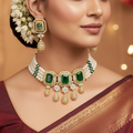 Elegant Natural Pearl Choker Necklace Set with Greenstones