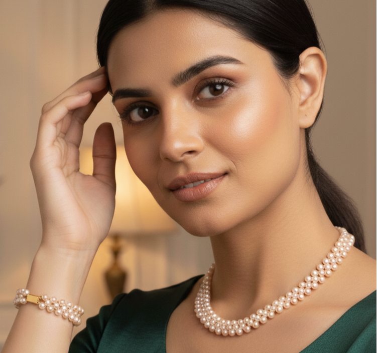 Multishade Pearl Necklace and Bracelet Set in Mesh Pattern