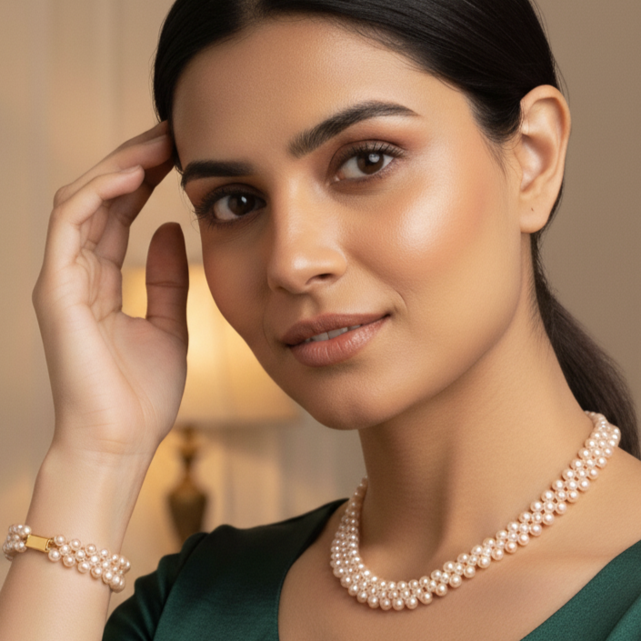 Multishade Pearl Necklace and Bracelet Set in Mesh Pattern