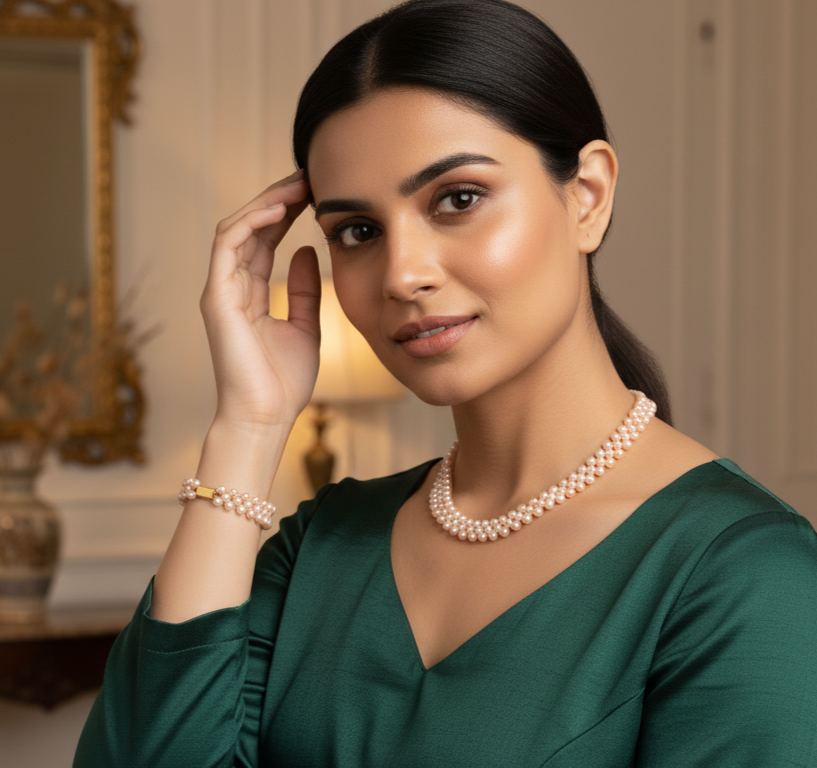 Multishade Pearl Necklace and Bracelet Set in Mesh Pattern