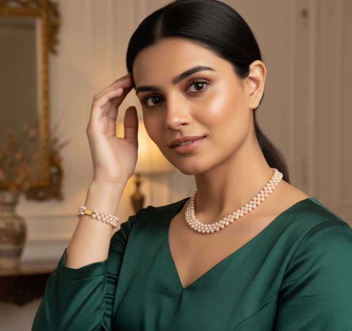 Multishade Pearl Necklace and Bracelet Set in Mesh Pattern