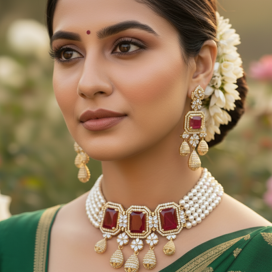 Elegant 5-Layered Choker Pearl Necklace and Earrings with Red Stones