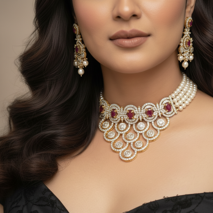 Pearl Choker Set with Red Stones and Freshwater Pearls