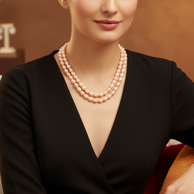 Double-strand pearl necklace in peach color