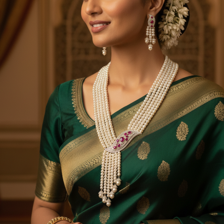 Pearl Necklace and Earrings with Pink Stones and CZ's