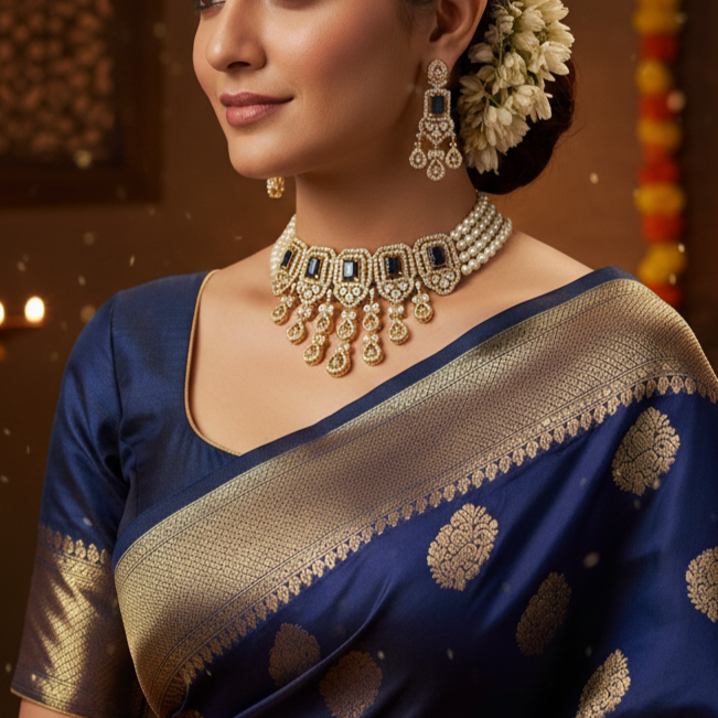 Pretty Pearl Choker and Hanging Earrings with Blue Stone