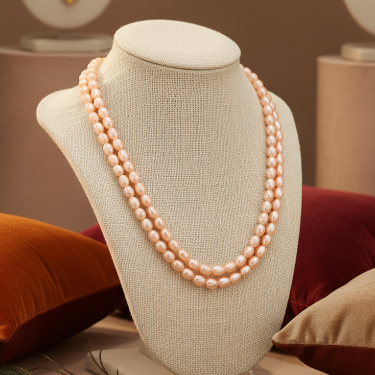 Double-strand pearl necklace in peach color