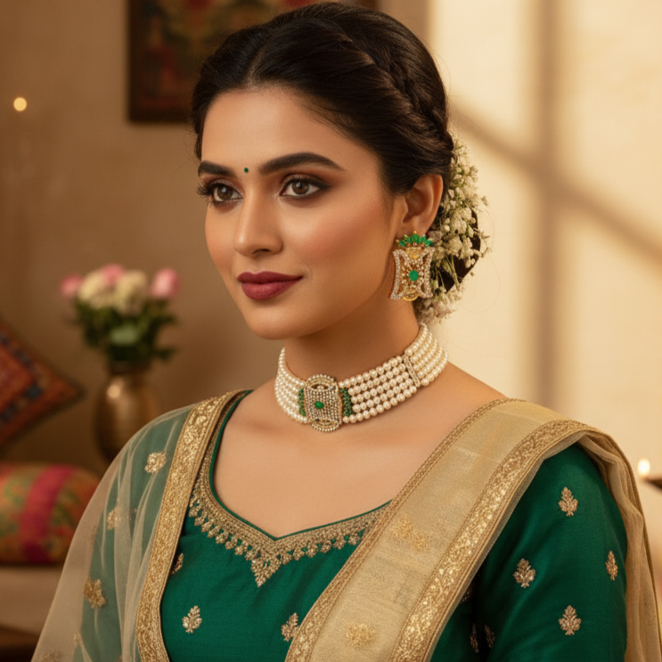 Exquisite Natural Pearl Choker Set with Emeralds and CZ Stones