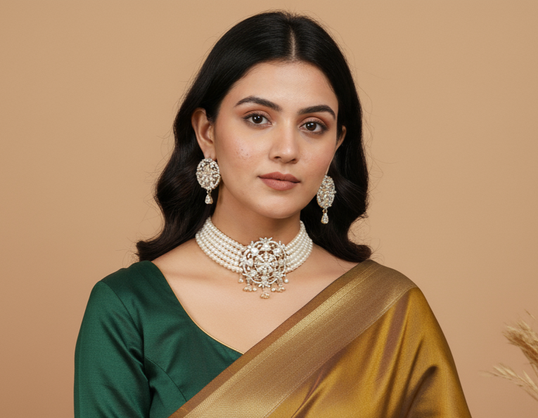 Stunning 5-Layered Button Pearl Choker and Earrings with White CZs