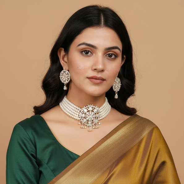 Chandrika layered Button Pearl Choker Set (5-Layer Button Pearl Choker with CZ Detailing)