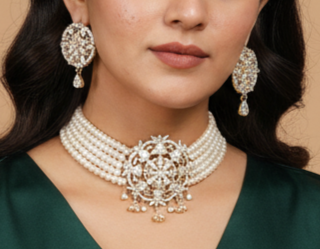 Stunning 5-Layered Button Pearl Choker and Earrings with White CZs