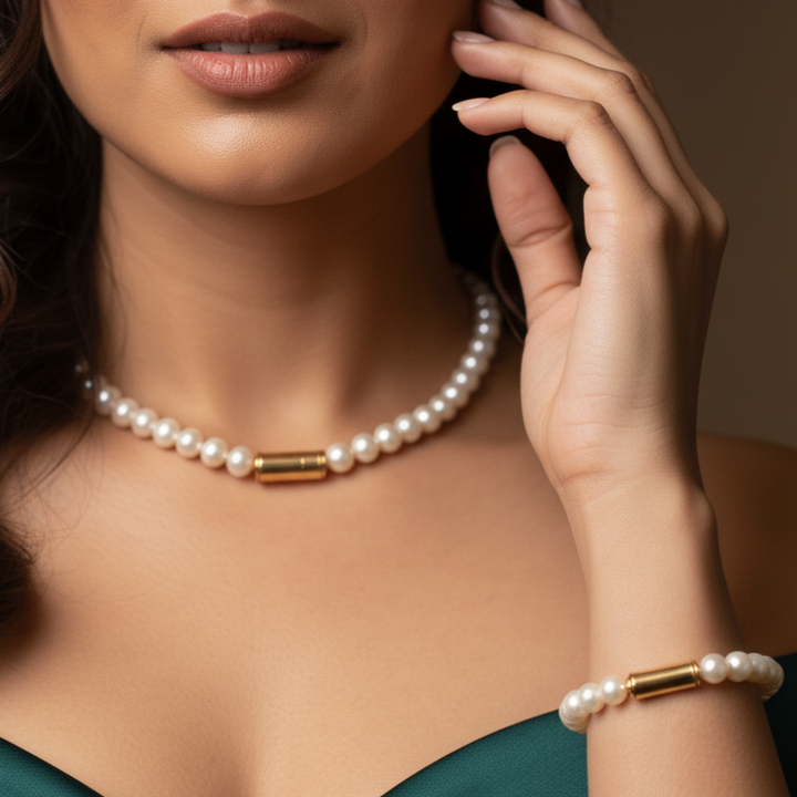 Elegant Pearl String Necklace with Matching Bracelet Set