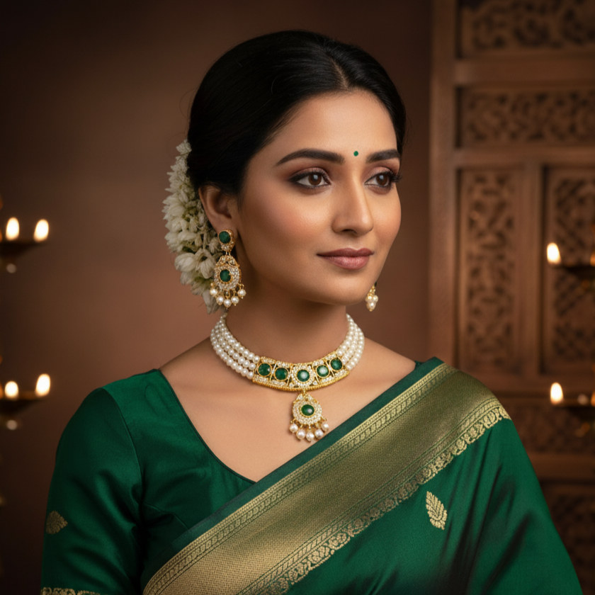 Elegant 3-Layered Pearl Necklace Set Adorned with Green Stones