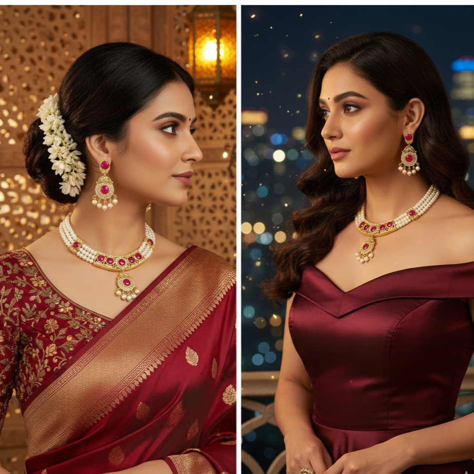 Elegant 3-Layered Necklace Set Adorned with Red Stones