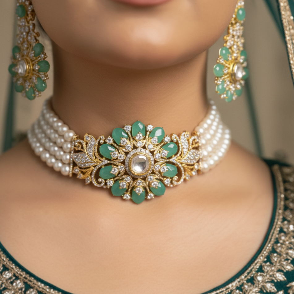Beautiful Natural Pearl Choker Set with CZ and Green stones