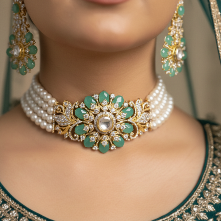 Beautiful Natural Pearl Choker Set with CZ and Green stones