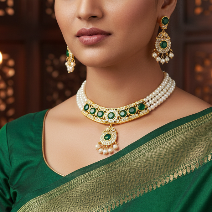 Elegant 3-Layered Pearl Necklace Set Adorned with Green Stones