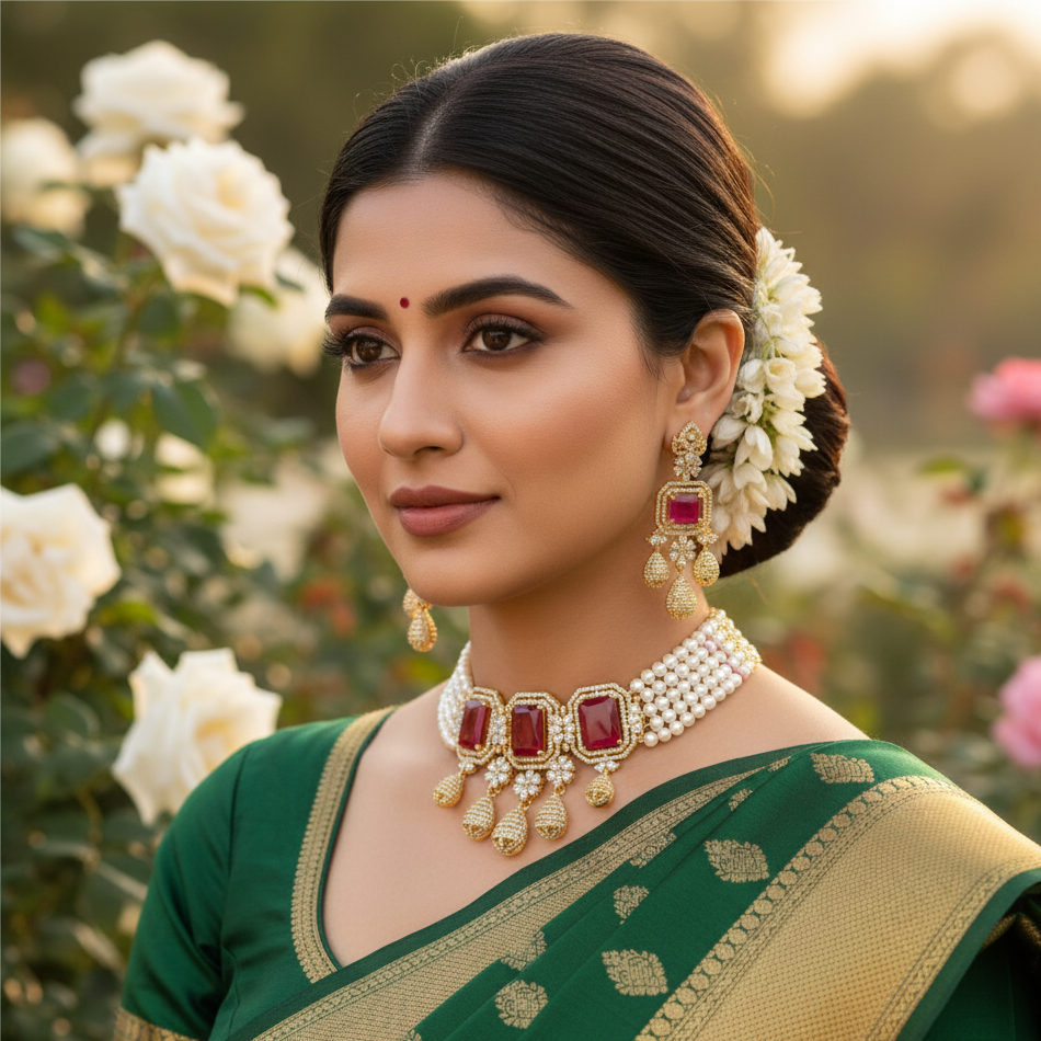 Elegant 5-Layered Choker Pearl Necklace and Earrings with Red Stones