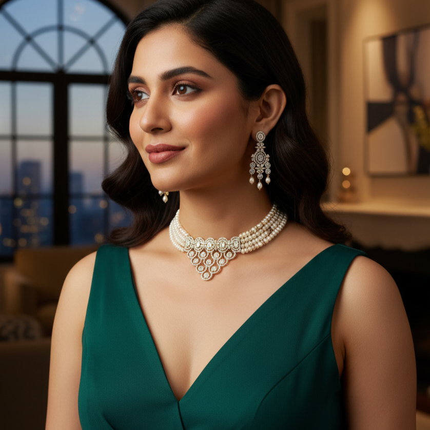 Pearl Choker Set with CZs and Freshwater Pearls