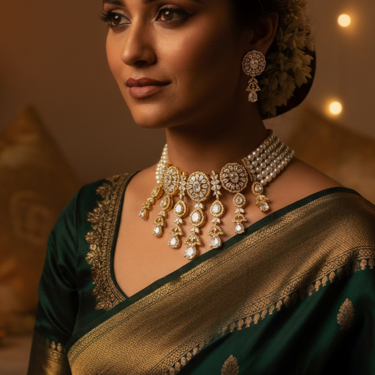 Three Line Button Pearl Choker Necklace Set with white cz stones